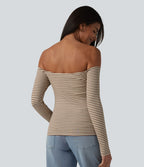 T-shirt casual rayé en maille côtelée à épaules dénudées, manches longues et soutien-gorge intégré