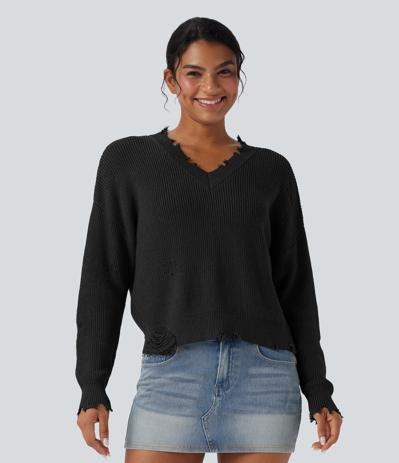 Pull casual col V délavé manches longues