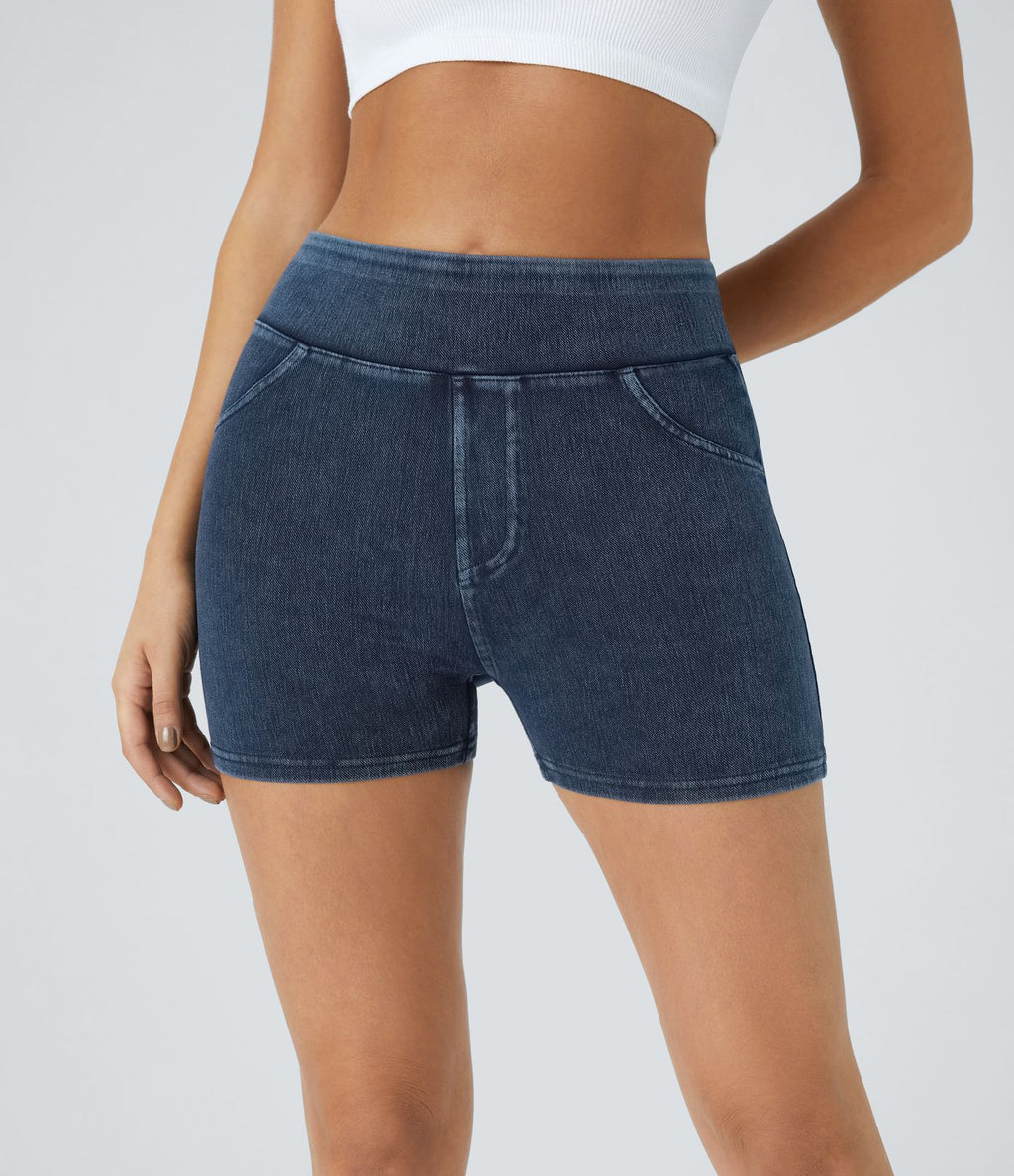 Halara Flex™ Shorts 7,5cm Casual en Denim Tricot Extensible Taille Haute Avec Poches Latérales Arrière