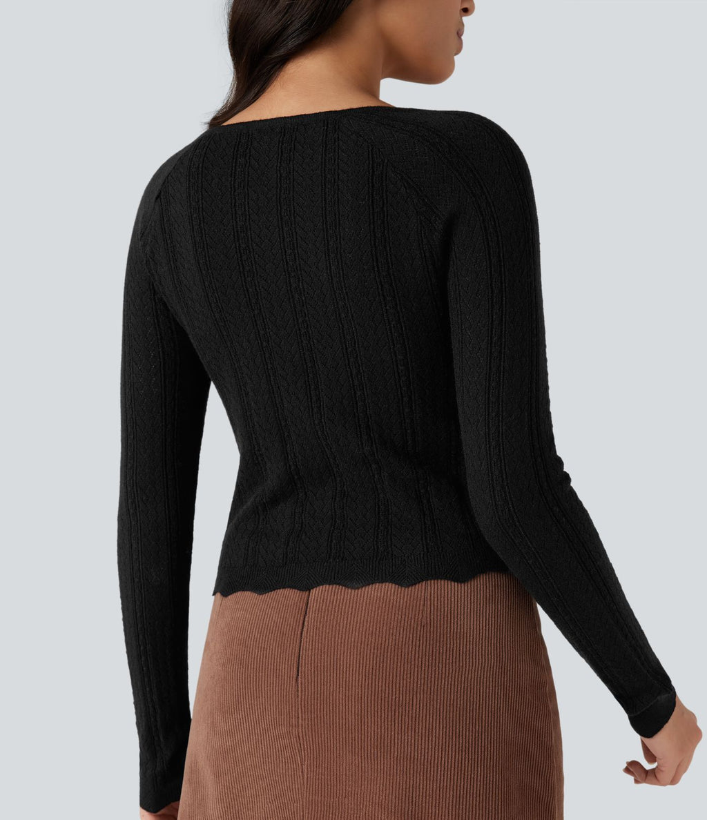 Pull ajouré col carré manches raglan ourlet festonné