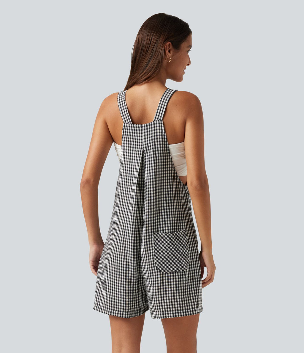 Salopette-short casual effet lin à carreaux avec poches