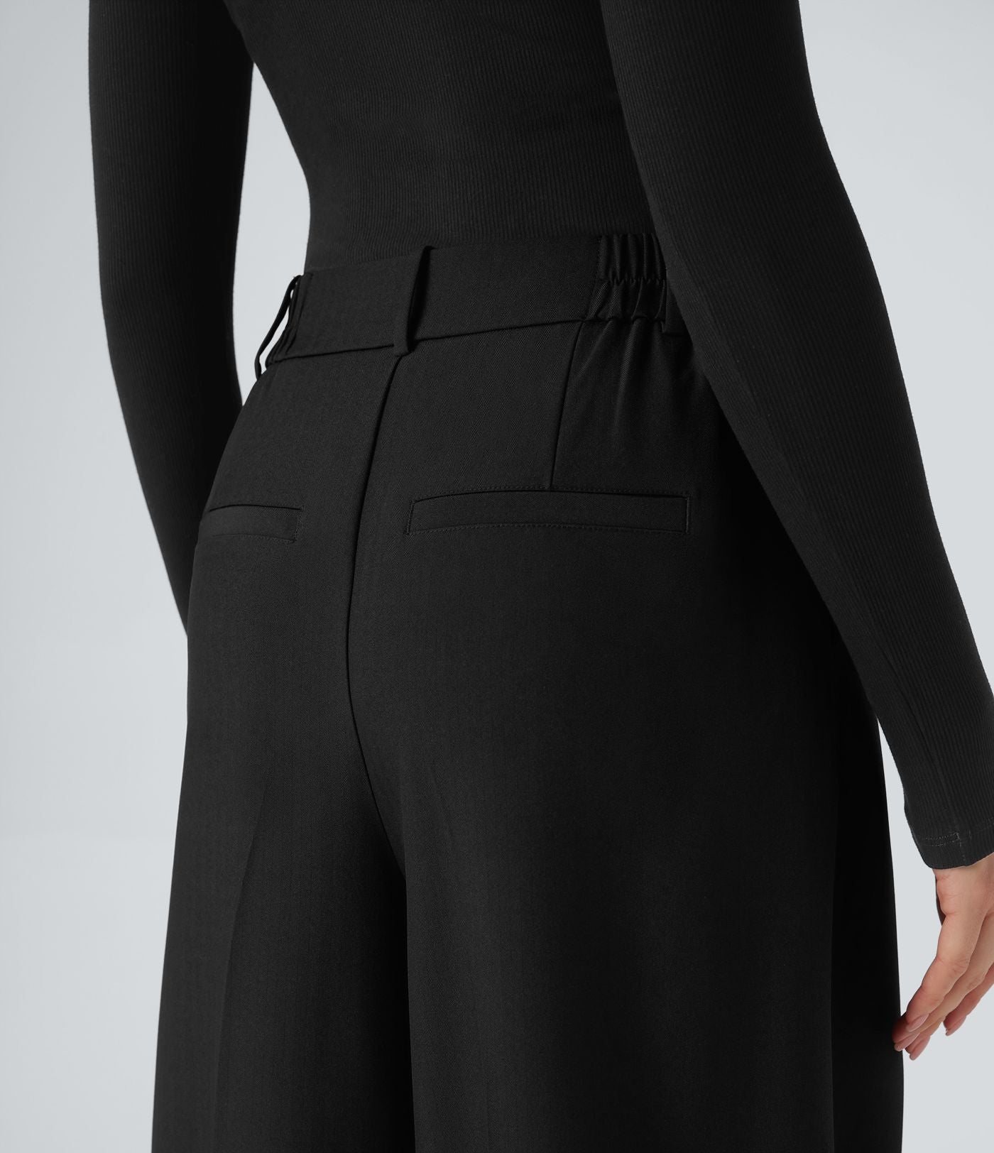 Pantalon tailleur anti-froissement aspect lin taille haute jambe large avec poches