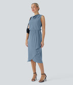 Robe midi de voyage défroissage facile, col bénitier, ourlet croisé et poches