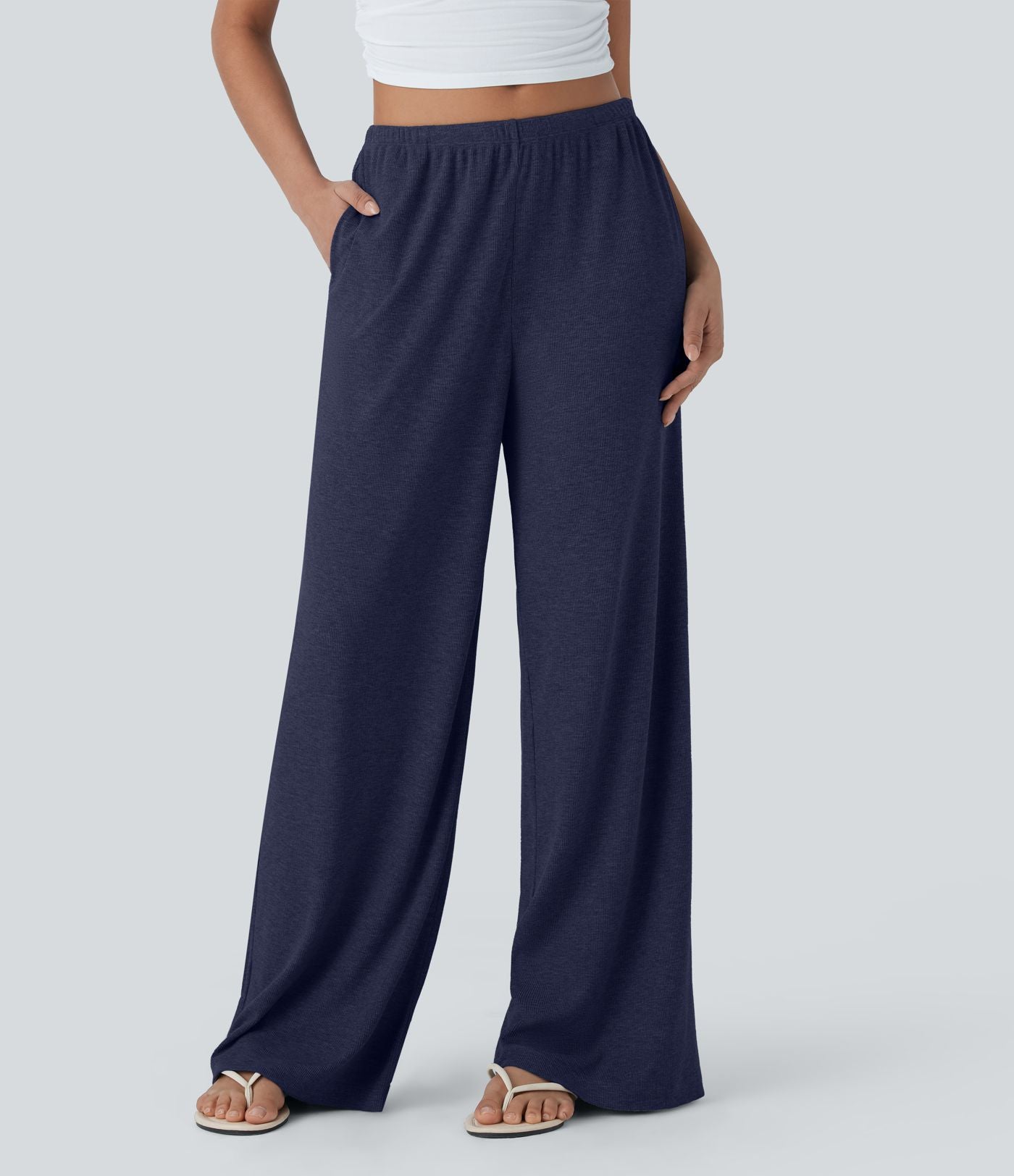 Pantalon fluide ample à taille basse avec cordon de serrage, côtes extensibles, doux pour la peau et poches latérales