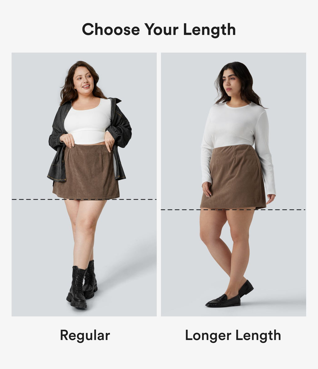 Jupe mini casual grande taille 2-en-1 en velours côtelé taille haute ligne A - Longueur plus longue