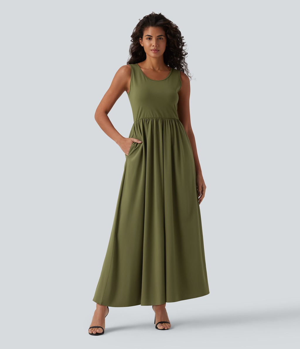 Robe longue fluide casual col U sans manches avec poches