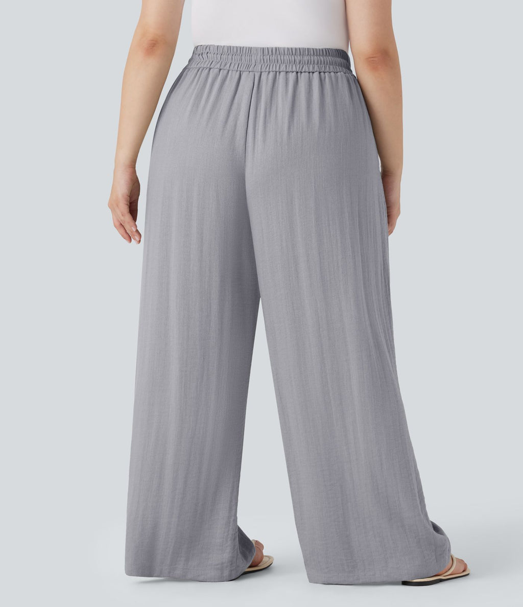 Pantalon décontracté grande taille large fluide taille haute effet lin avec cordon de serrage et poches