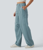 Pantalon cargo casual en popeline extensible coupe droite taille haute avec poches