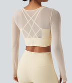 Haut de sport yoga cropped 2-en-1 manches longues mesh contrastant à trous pouces