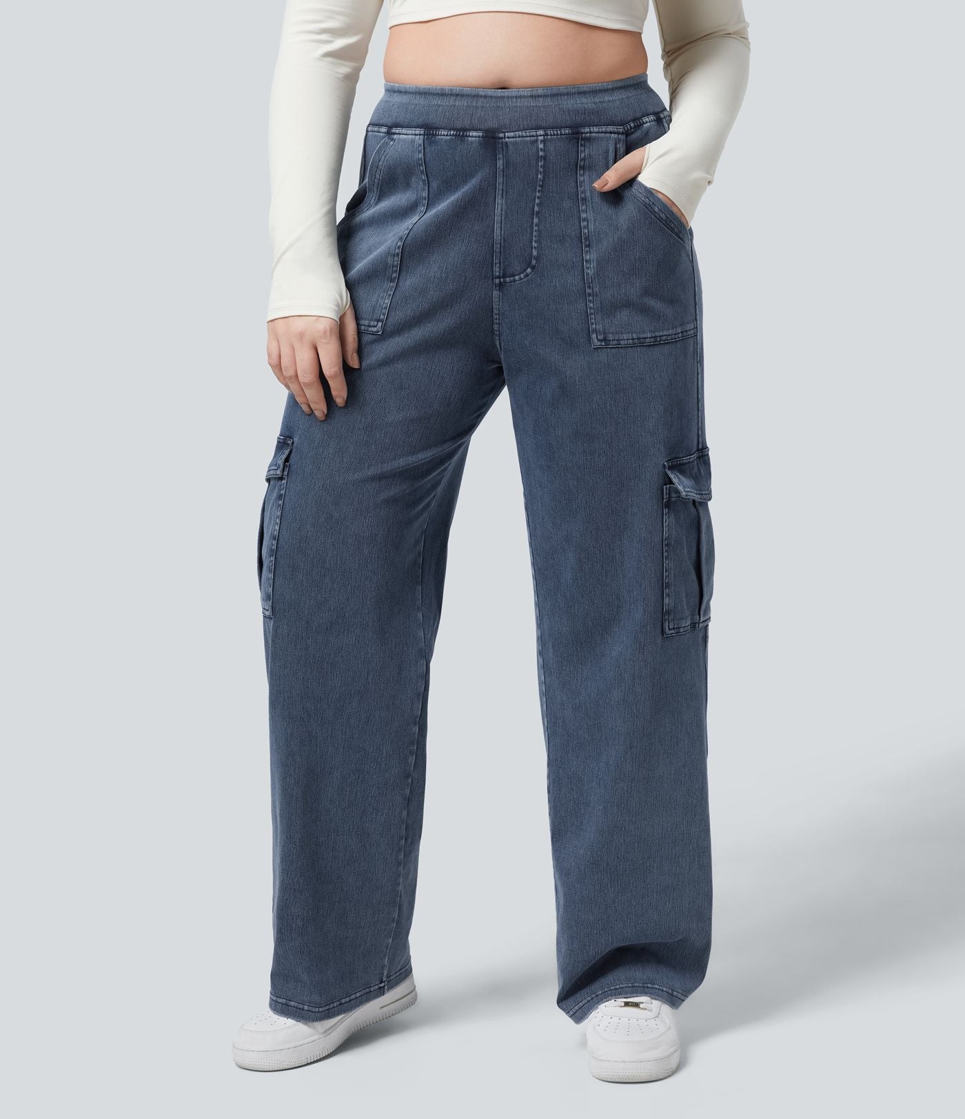 Halara Flex™ Jean Droite Cargo Taille Mi-Haute Multiples Poches Décontracté Extensible Droite Grande Taille