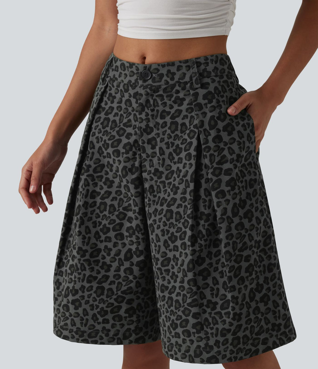 Short ample décontracté à imprimé léopard taille mi-haute, 25 cm, avec poches