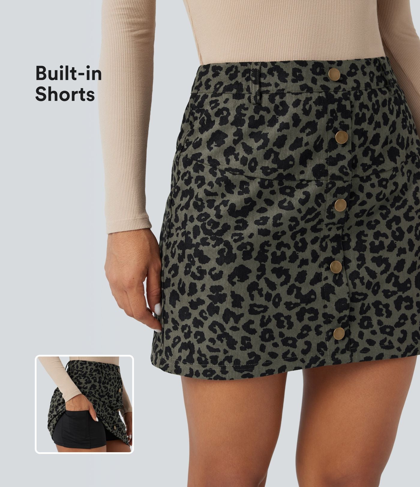 Jupe mini décontractée 2-en-1 taille haute imprimé léopard avec poche