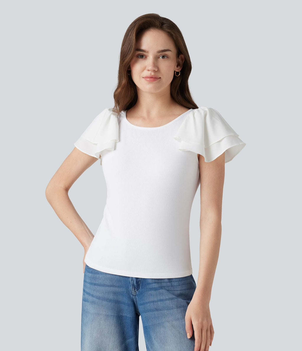 Blouse décontractée col rond à manches à volants étagées