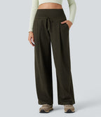 Pantalon jogging large thermique fluide chiné à rabat taille haute séchage rapide avec cordon de serrage et poches