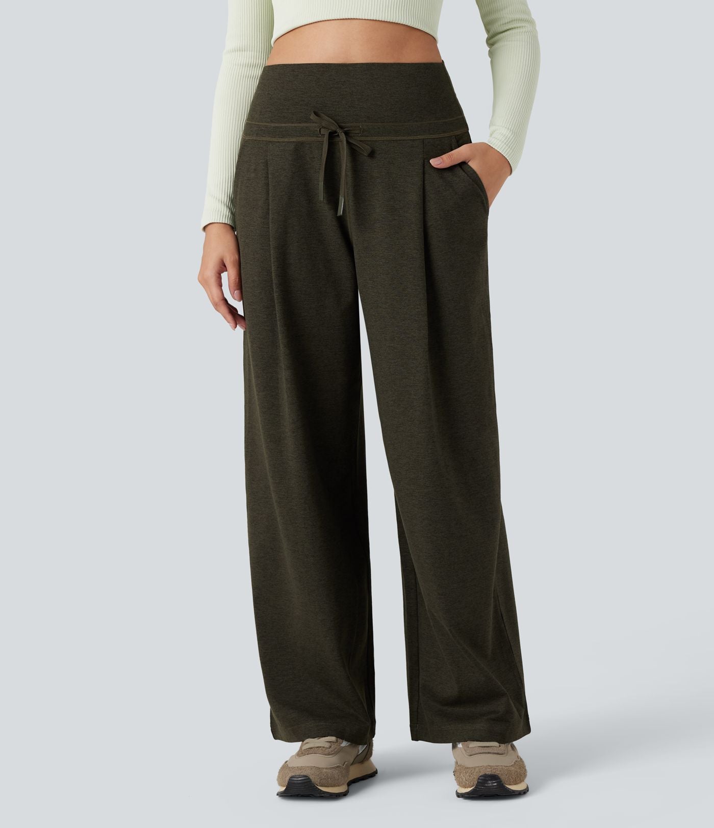 Pantalon jogging large thermique fluide chiné à rabat taille haute séchage rapide avec cordon de serrage et poches