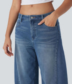 Jean Barrel 7/8 décontracté taille mi-haute délavé Halara Flex™ avec poches