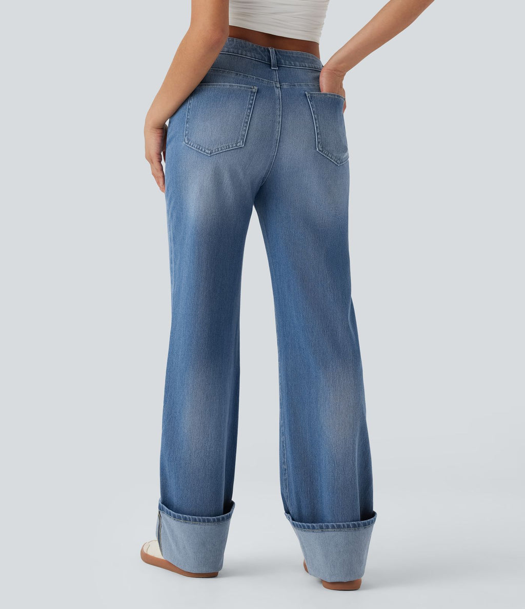 Jean décontracté Halara Flex™ jambe droite taille mi-haute ourlet retroussé avec poches
