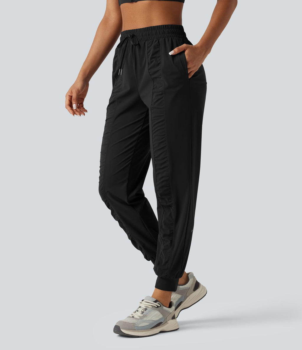 Jogging de running taille haute, cordon de serrage, fronces, coupe fuselée, séchage rapide, à effet frais InstantCool, avec poches, protection solaire UPF40+