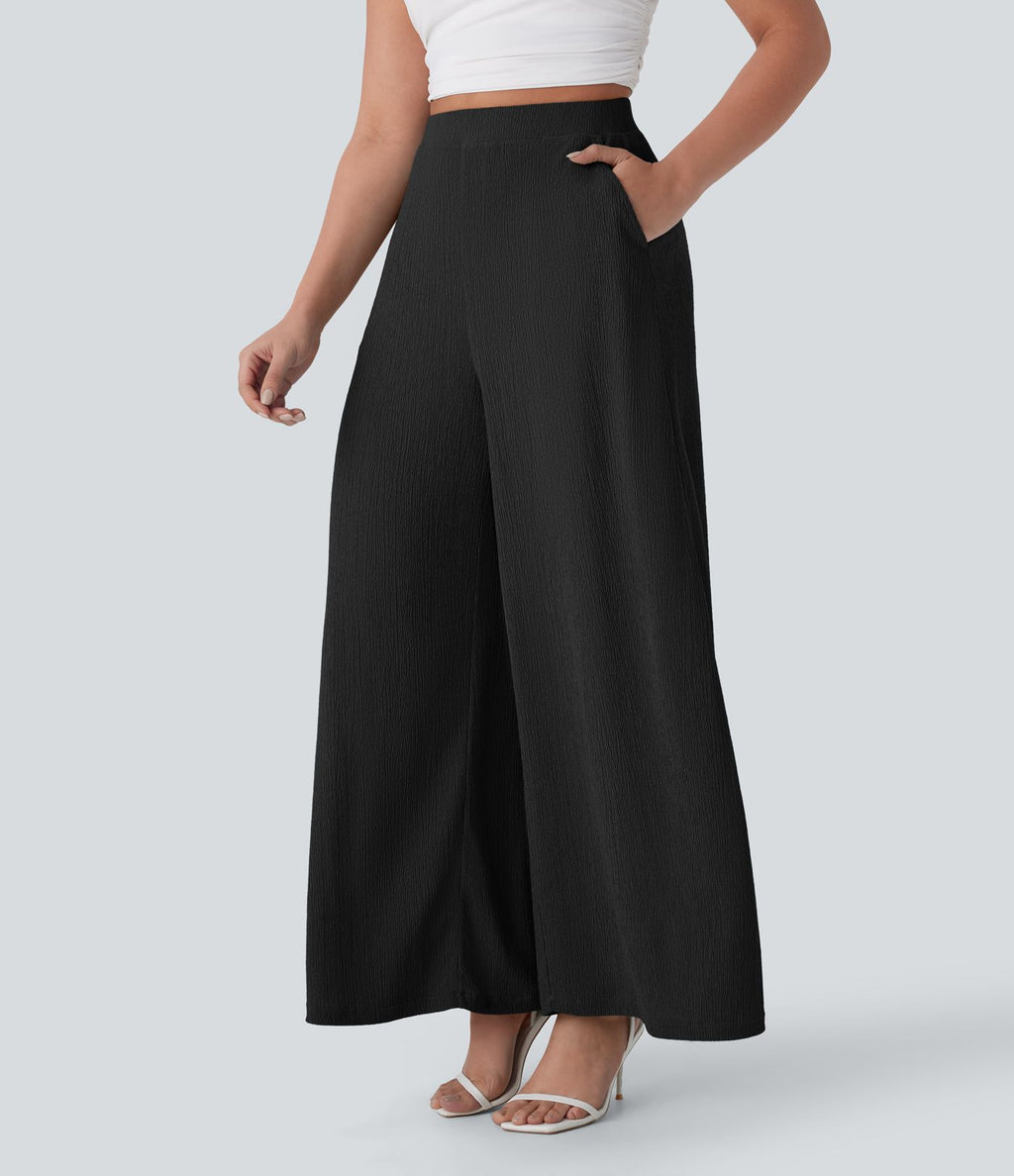 Pantalon décontracté fluide jambe large taille haute avec poches latérales