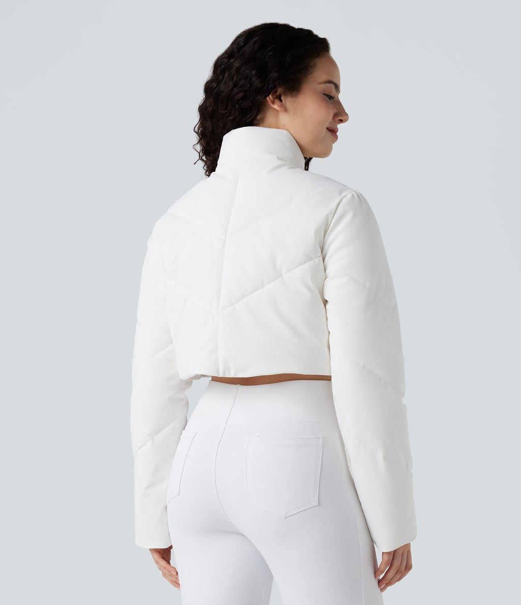 PuffFlex Manteau doudoune 3-en-1 court casual à col montant et veste à ourlet arrondi avec passants pouces et poche