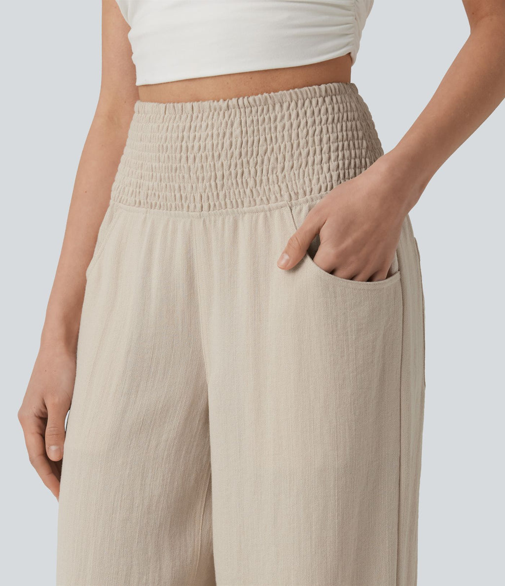 Pantalon casual bouffant aspect lin avec fronces taille haute et poches