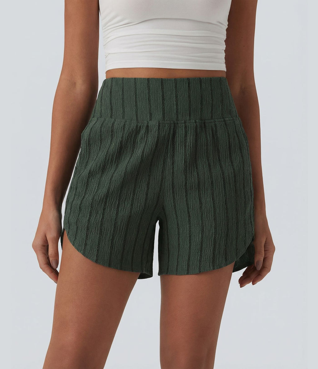 Short casual taille haute ourlet arrondi rayures avec poches