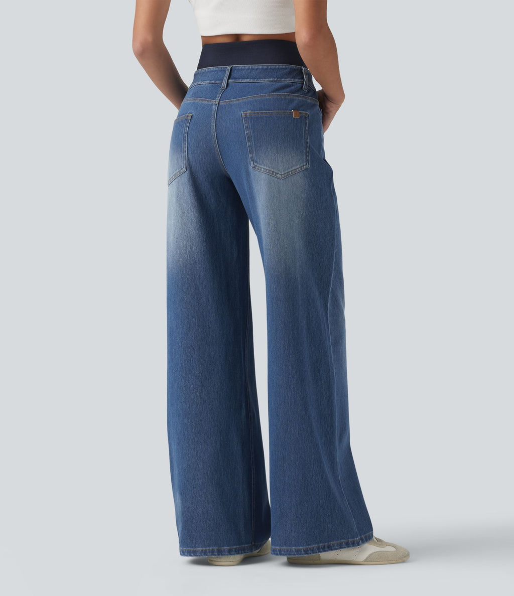 Jean large délavé Halara Flex™ taille haute gainant avec poches