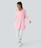 Sweatshirt Casual à Capuche Encolure en V Cordon de Serrage Trou pour le Pouce Fente et Coupe Longue