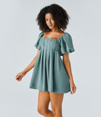 Robe Babydoll Casual Col Carré Dos Nu avec Lacets Manches Bouffantes Poches Latérales et Effet Lin
