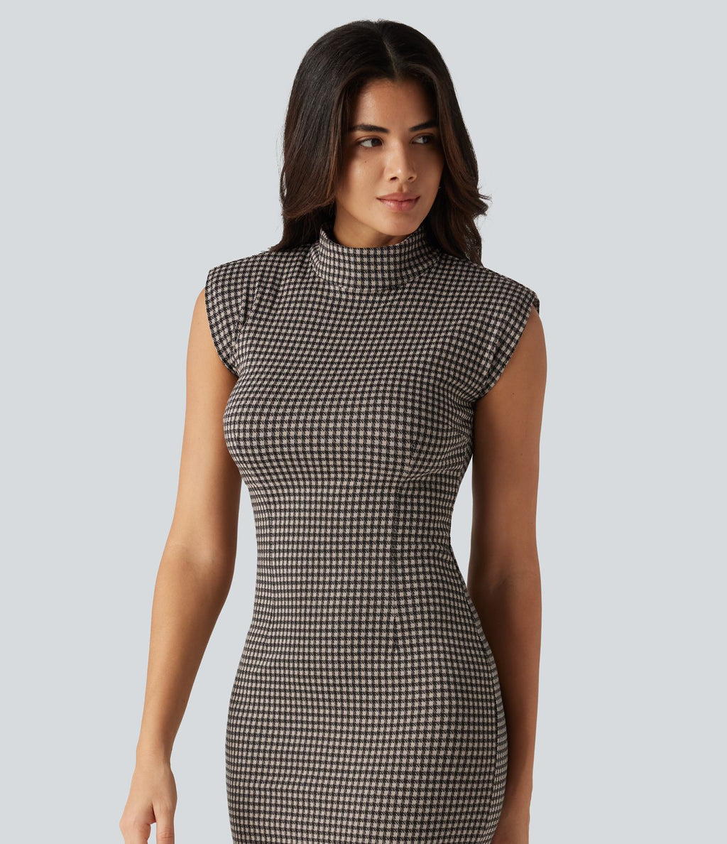 Robe midi moulante esprit bureau à motif, col montant et sans manches