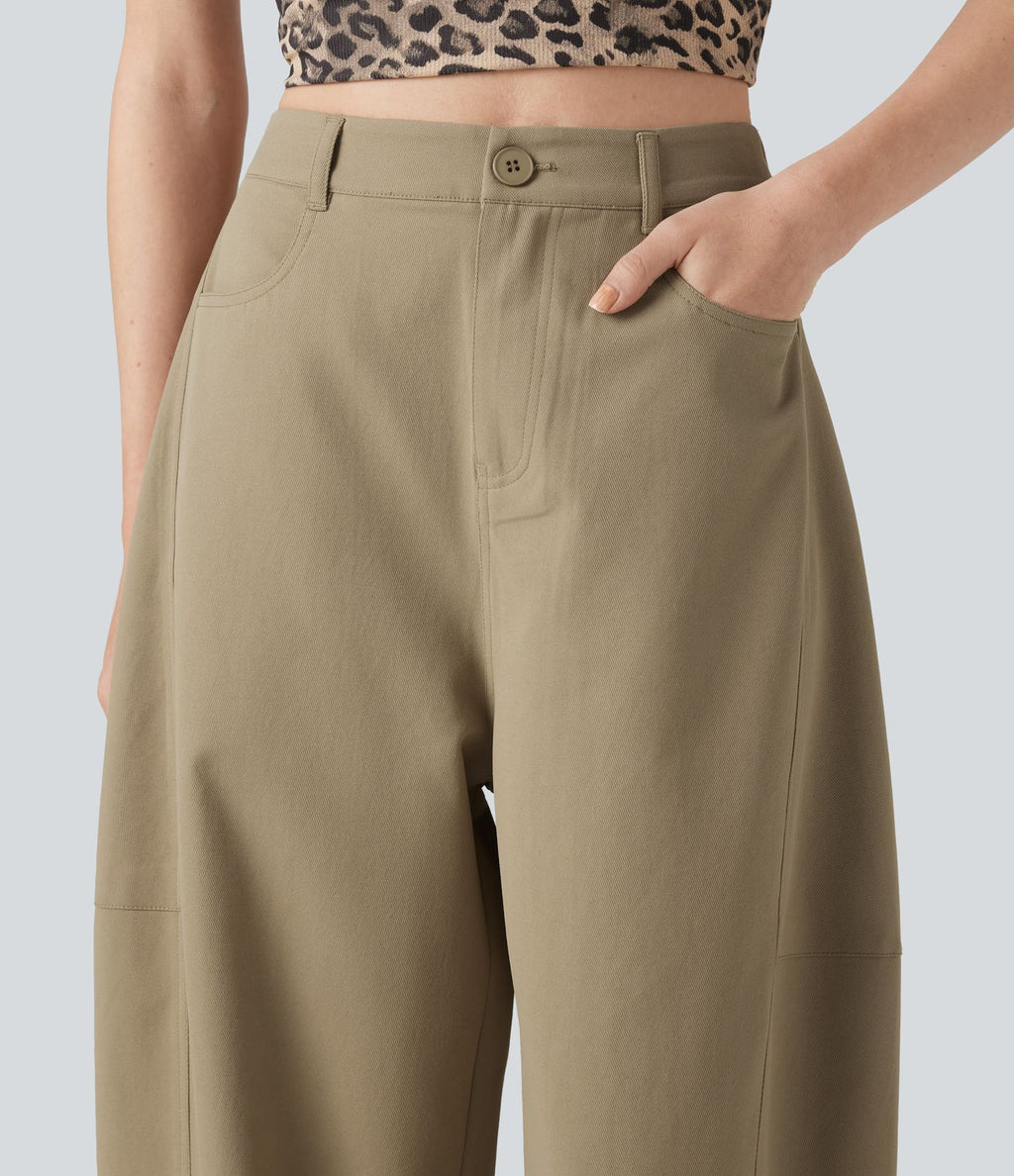Pantalon décontracté coupe barrel taille haute avec poches
