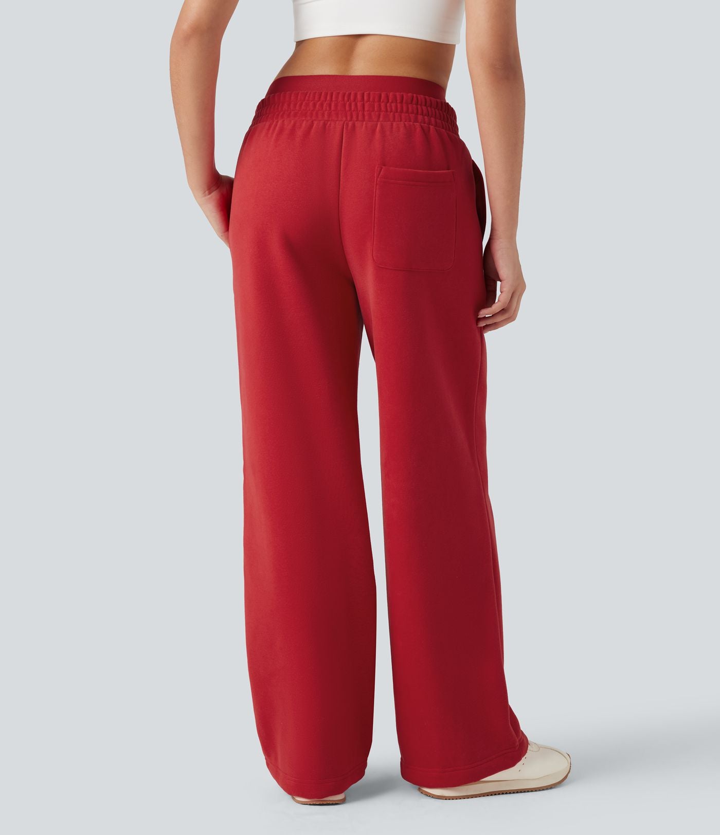 Pantalon large fluide polaire color block double ceinture gainant taille haute avec poches