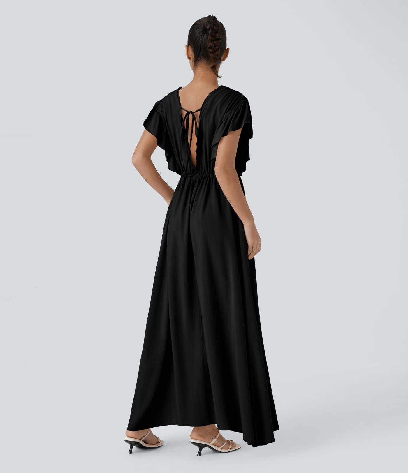 Robe Casual Maxi Flowy Encolure en V Profond Manches Papillon Dos Nu Cordon de Serrage Boutonnés Poches Latérales