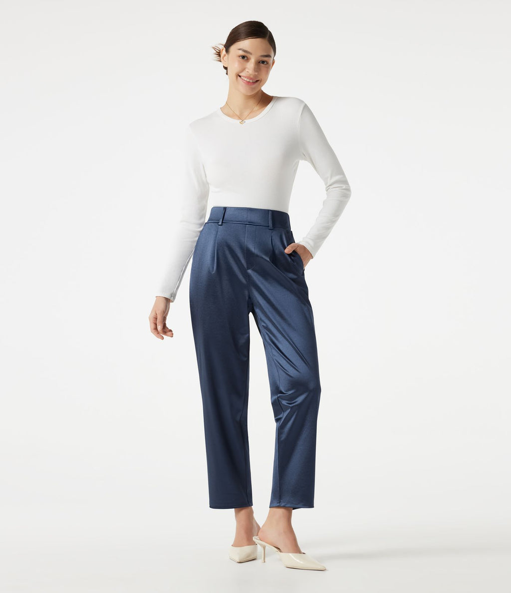 Pantalon habillé fuselé taille haute en satin avec poches
