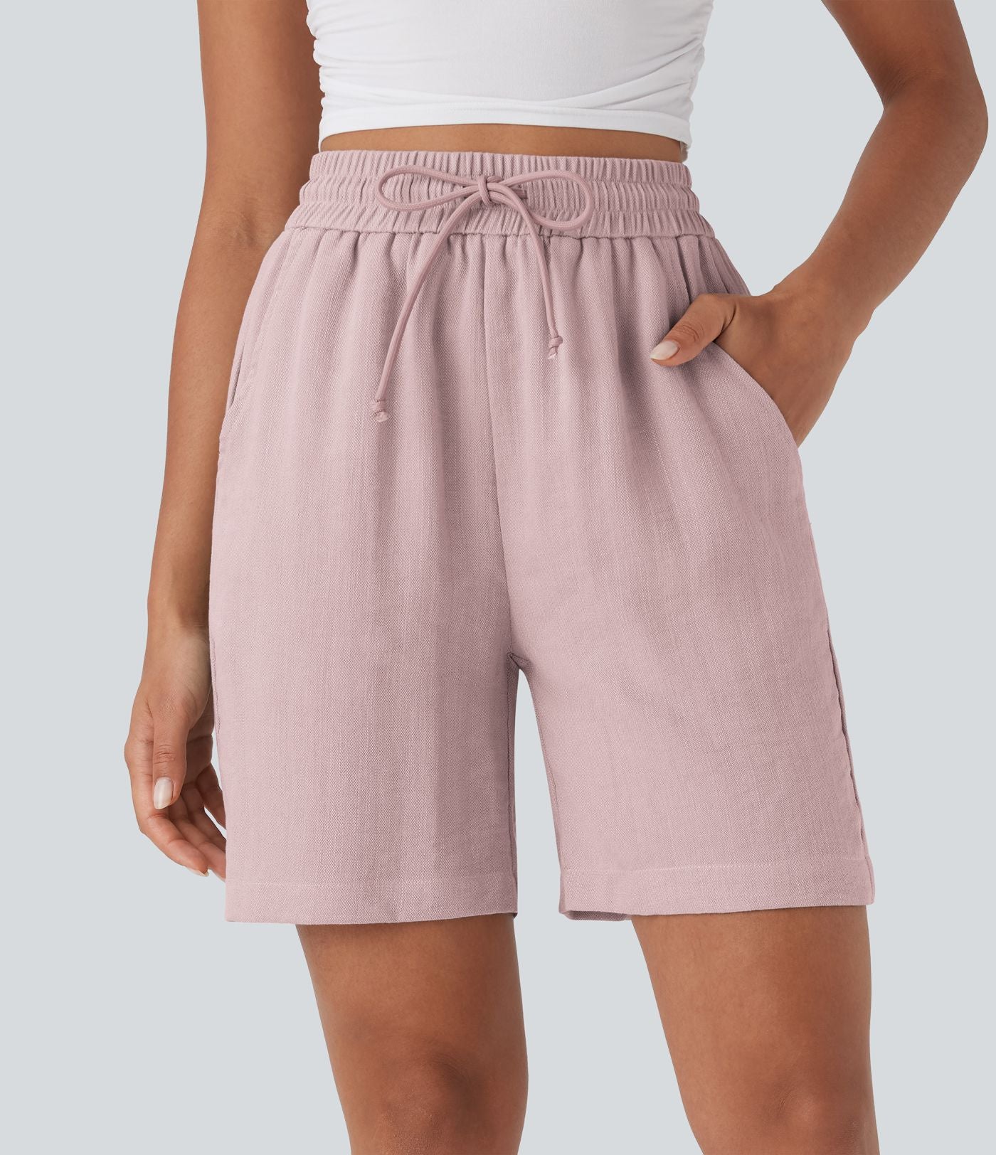 Short décontracté effet lin taille haute avec cordon de serrage et poches latérales