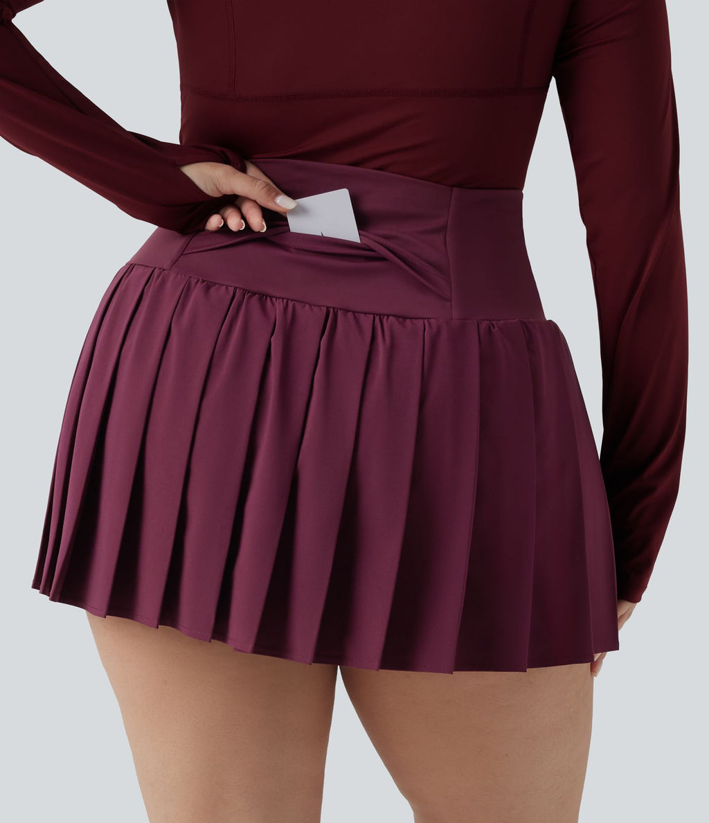 Breezeful™ Jupe-short yoga mini 2-en-1 grande taille à plis et ourlet asymétrique, taille haute, séchage rapide avec poches