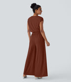 Combinaison fluide en tissu gaufré, col V, manches courtes, jambes larges et poches latérales - Easy Peasy Edition