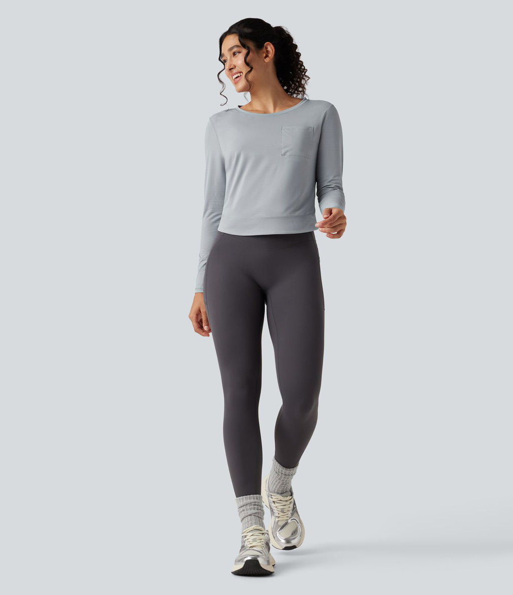 Haut de sport yoga col rond à manches longues avec détails plissés et poche