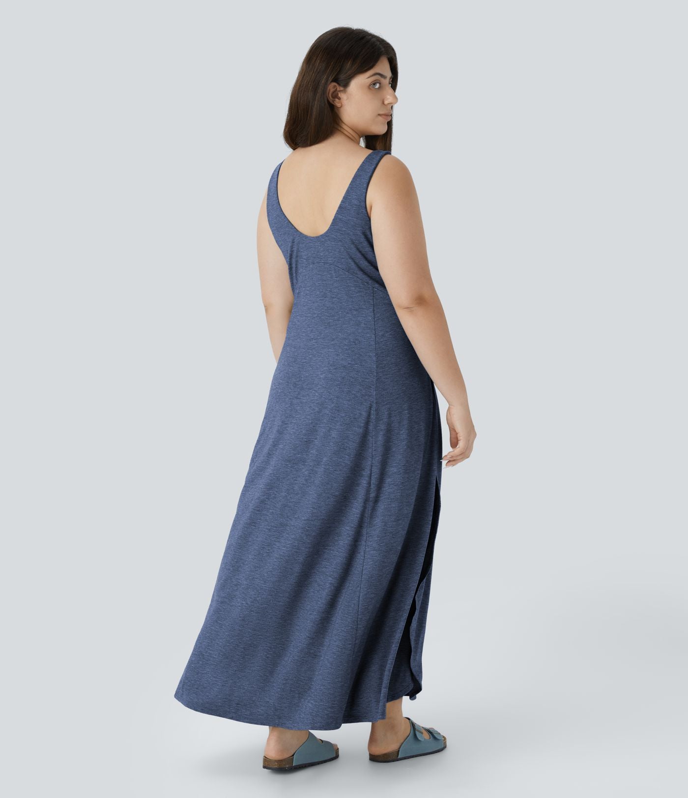 Robe Maxi Casual Grande Taille à Col U Sans Dos Fendue et Fluide