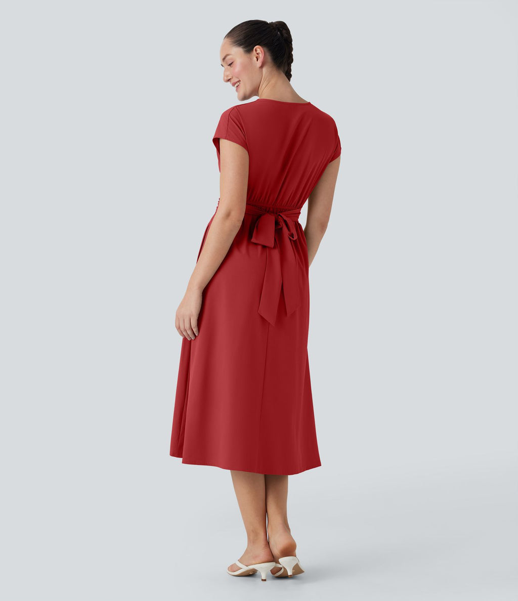 Robe midi Breezeful™ col V manches courtes à liens dans le dos séchage rapide avec poches latérales