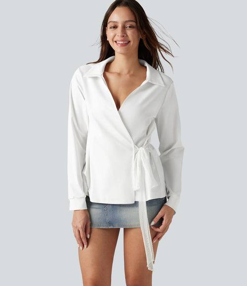 Chemise de travail à manches longues, à lacets contrastés sur les côtés, infroissable et à séchage rapide