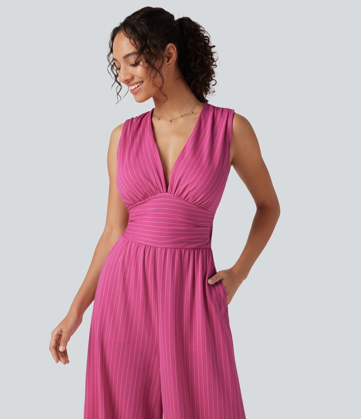 Combinaison tailleur col V sans manches à rayures et fronces avec poches - Easy Peasy