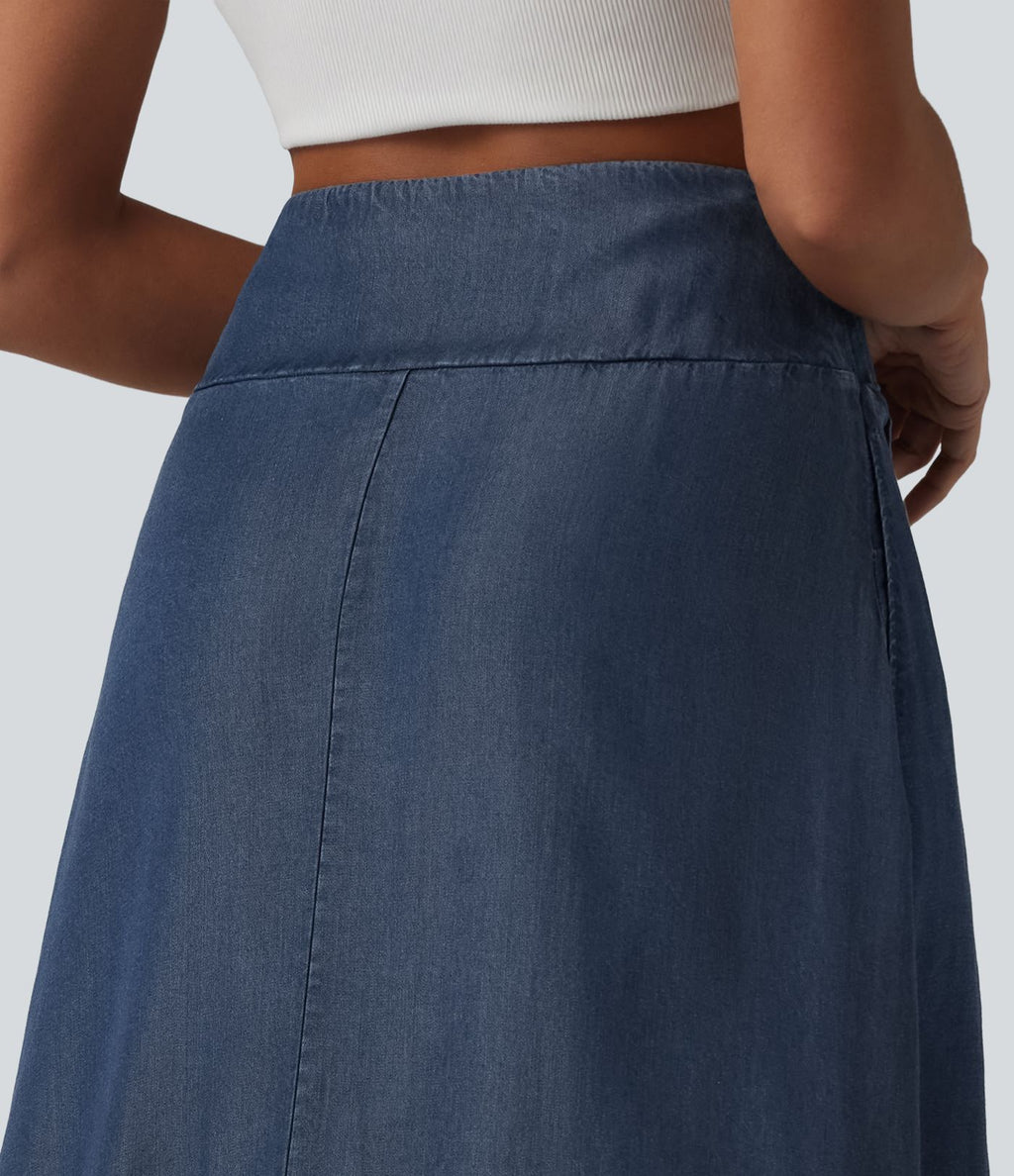 Jupe en jean midi fluide drapée en lyocell taille haute avec fermeture éclair invisible, ourlet asymétrique et poches