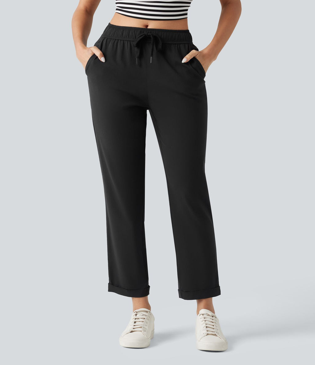 Pantalon ajusté décontracté taille mi-haute avec cordon de serrage, aspect lin extensible et poches
