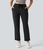 Pantalon ajusté décontracté taille mi-haute avec cordon de serrage, aspect lin extensible et poches