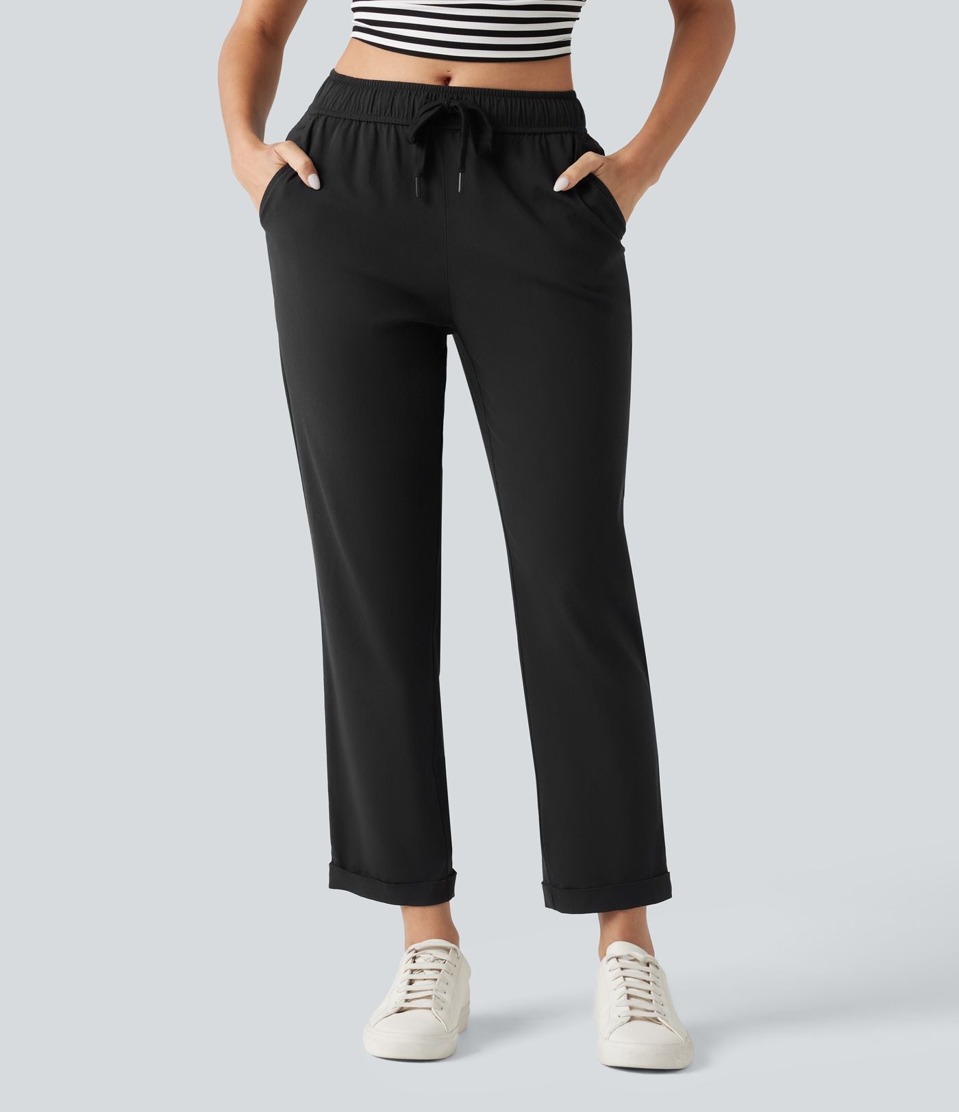 Pantalon ajusté décontracté taille mi-haute avec cordon de serrage, aspect lin extensible et poches