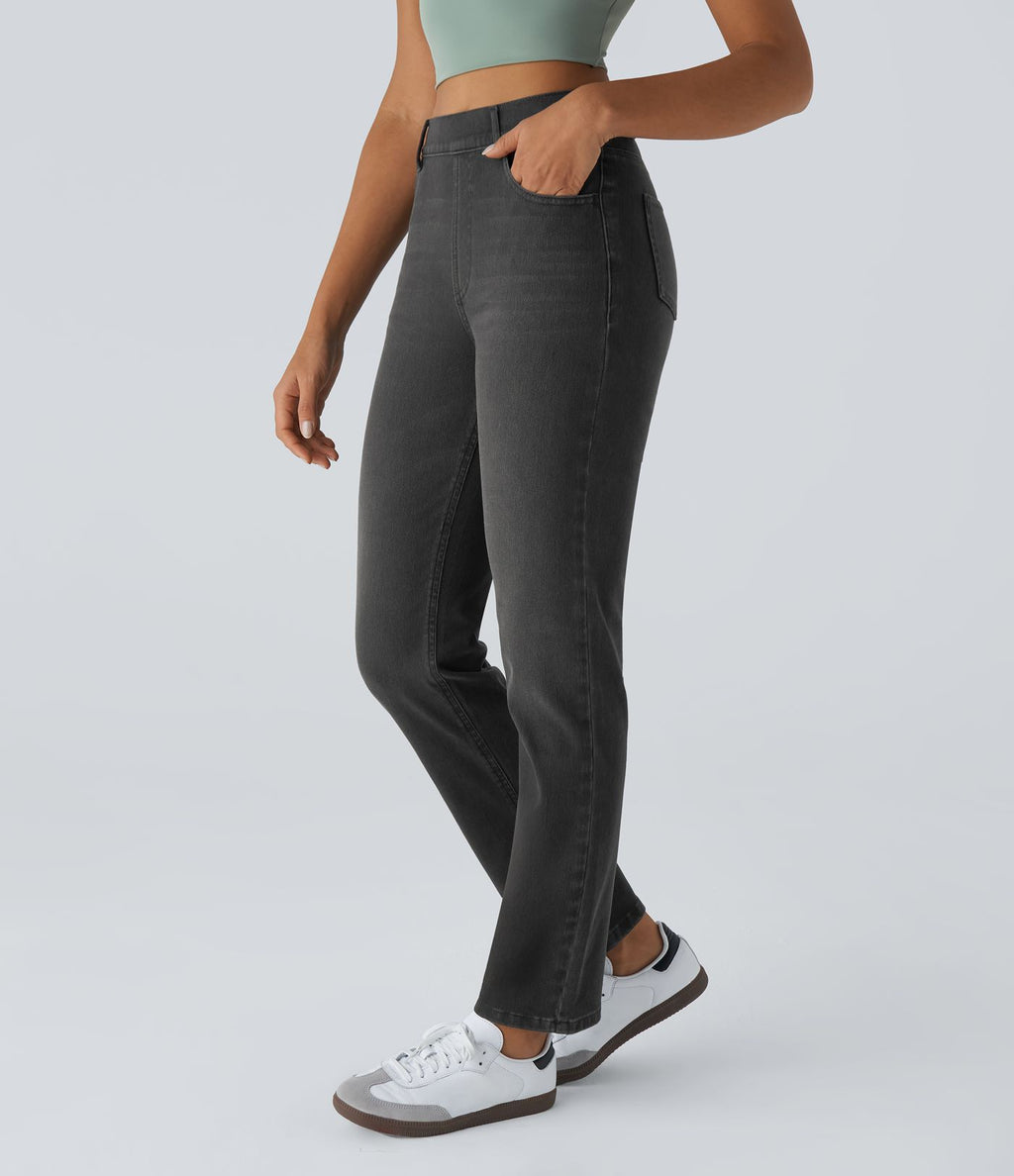 Jean droit Halara Flex™ à taille haute, poches multiples, effet délavé et tissu extensible