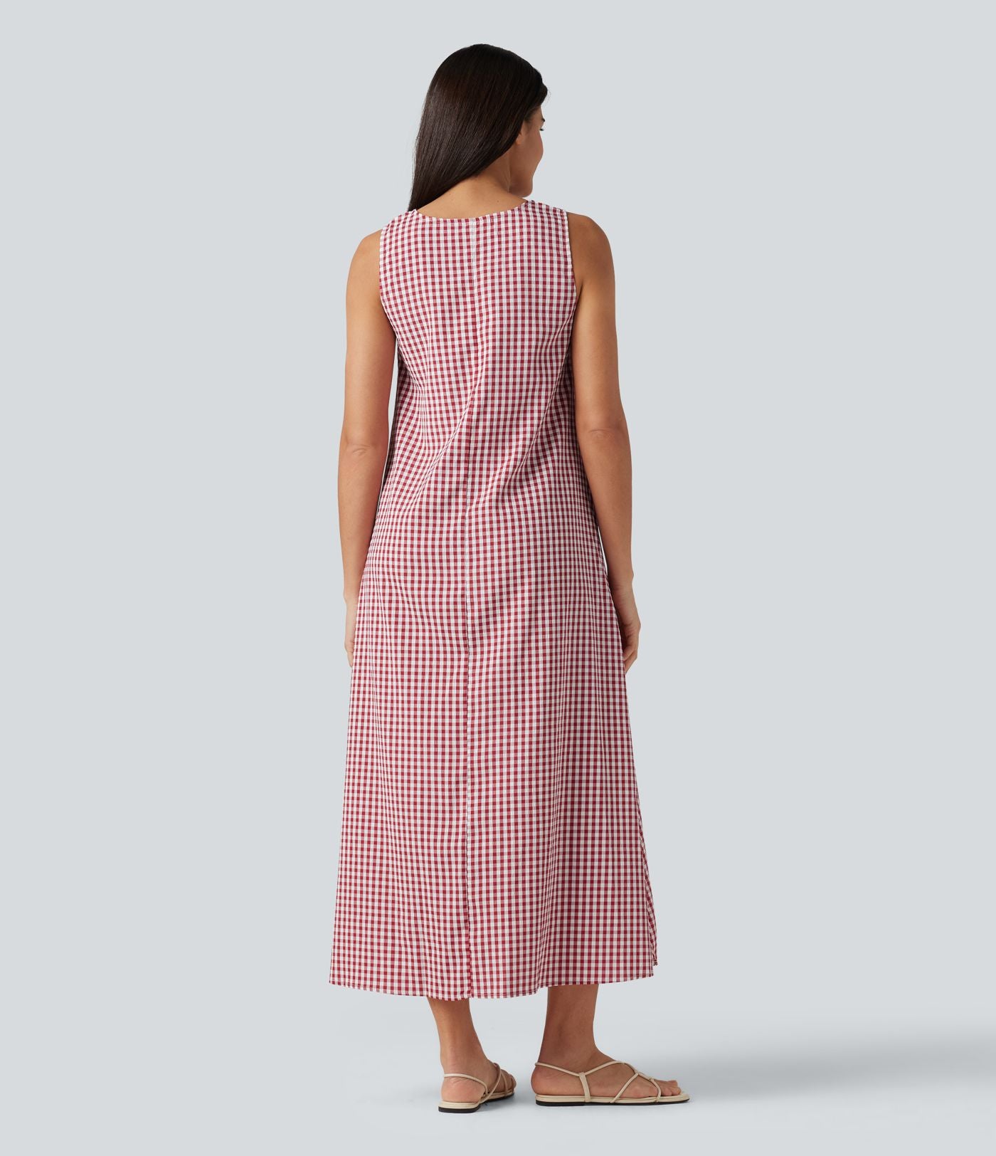 Robe débardeur midi décontractée col rond sans manches en vichy froissé avec poches