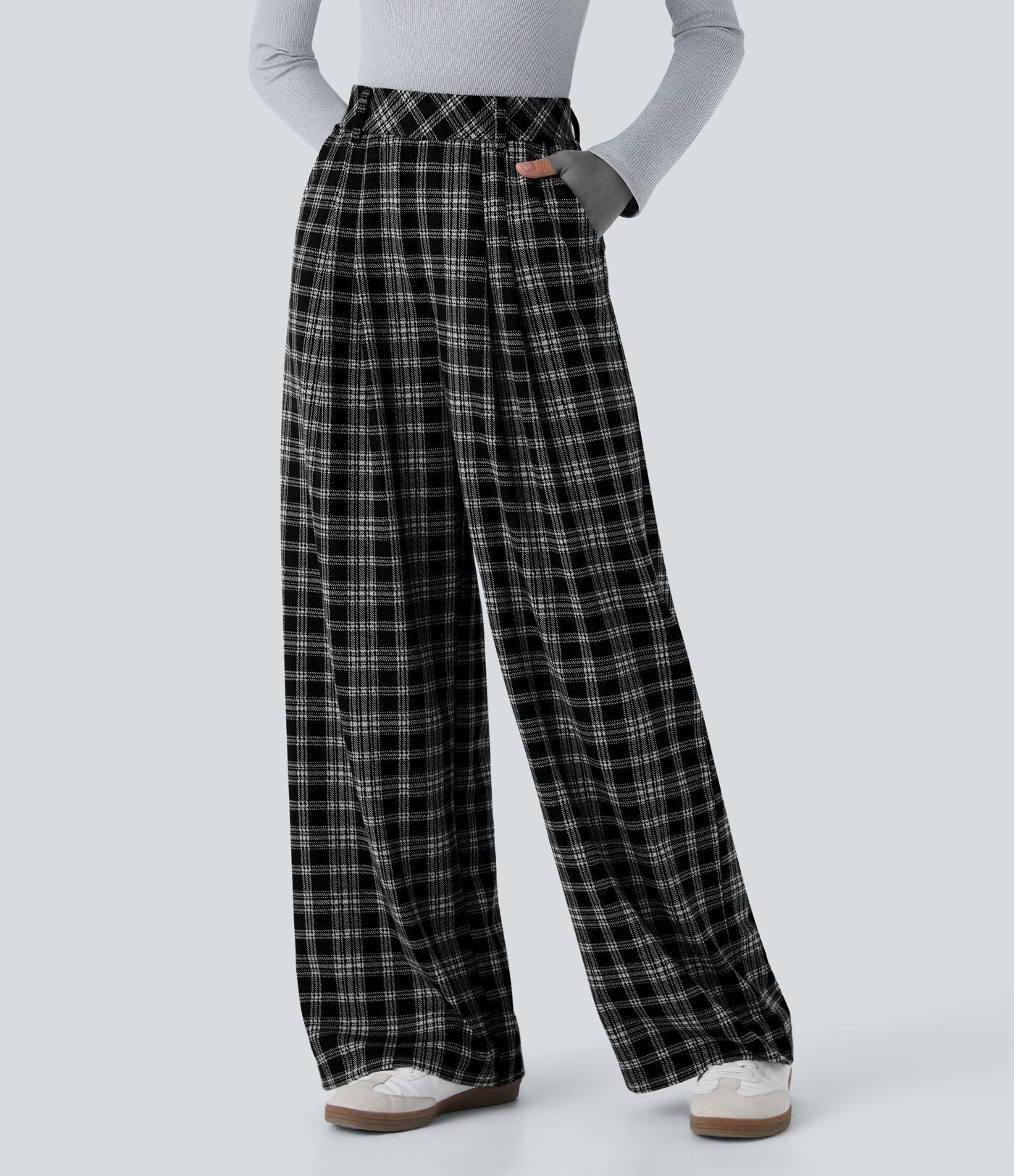 Pantalon taille haute décontracté large à carreaux, avec poches