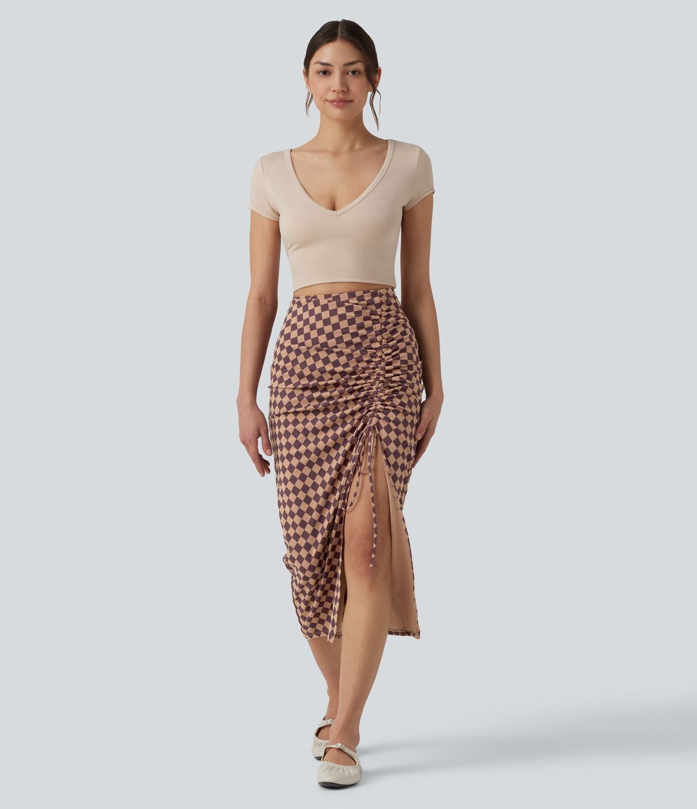 Jupe mi-longue moulante casual Halara UltraSculpt™ imprimé à carreaux taille haute avec cordon de serrage